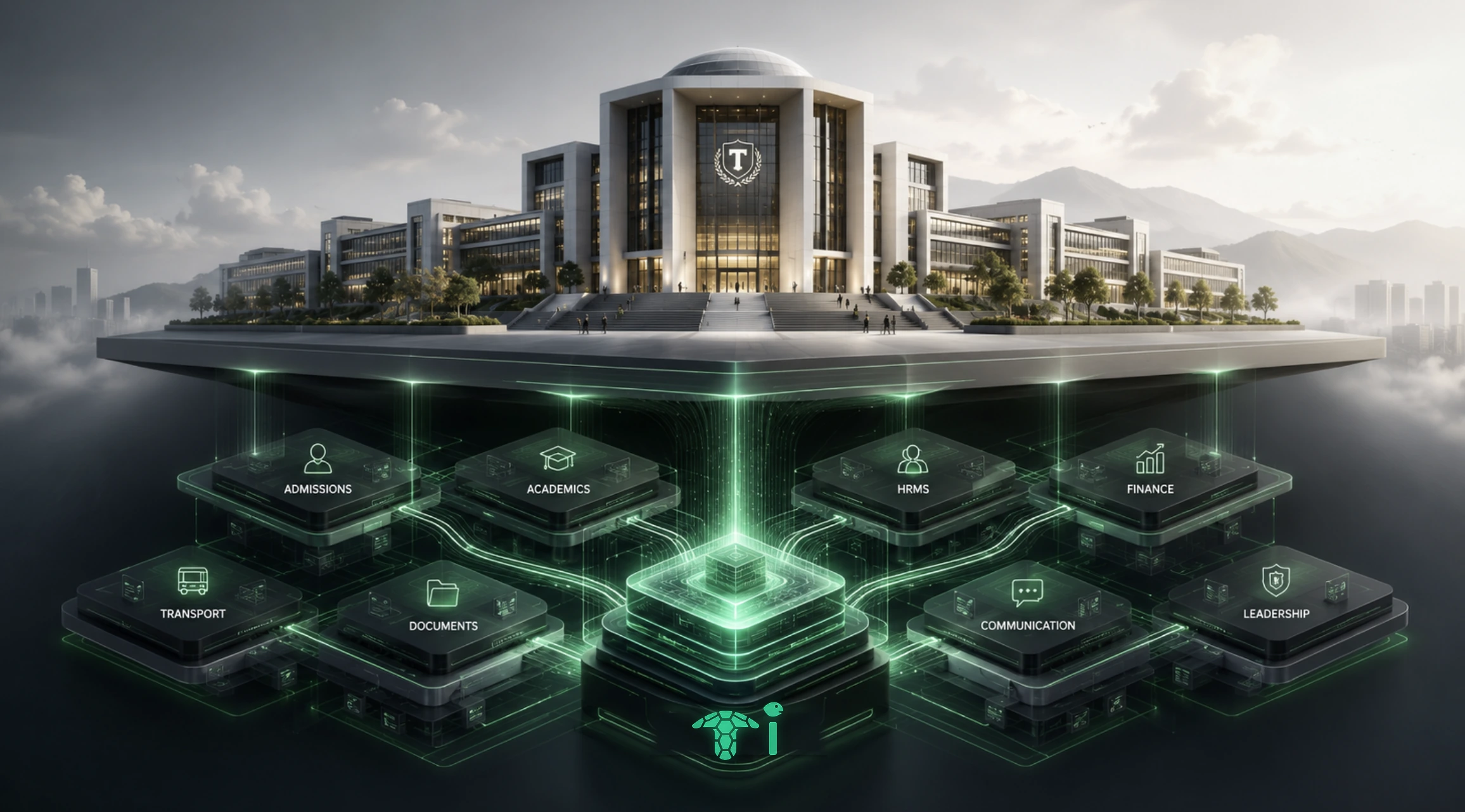 A campus held above a glowing platform. Beneath it, eight connected modules - Admissions, Academics, HRMS, Finance, Transport, Documents, Communication and Leadership - all drawn into a central core: Turtil Intelligence.