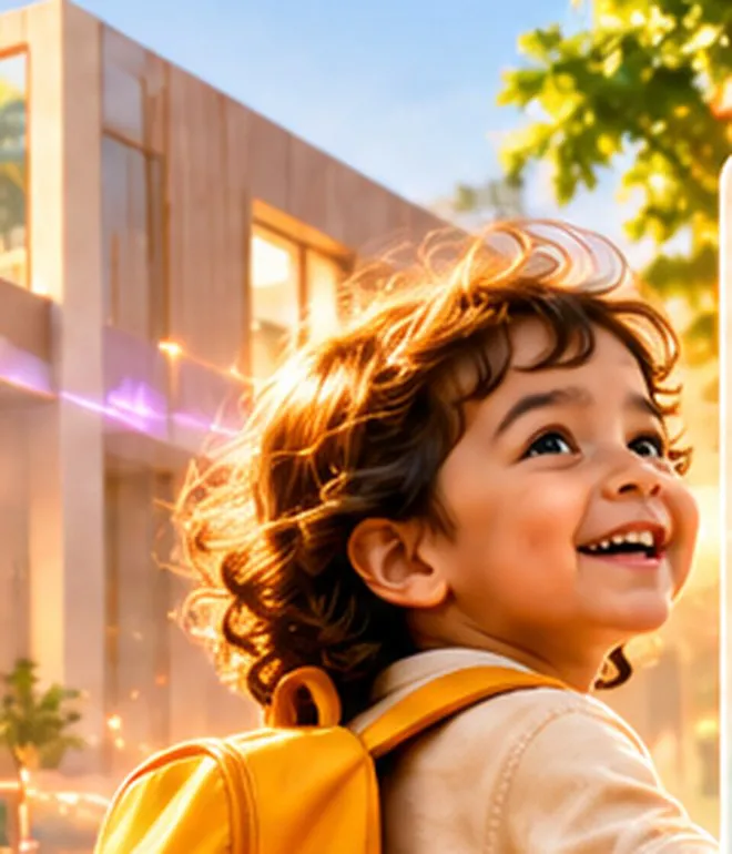 A happy preschool child with a yellow backpack