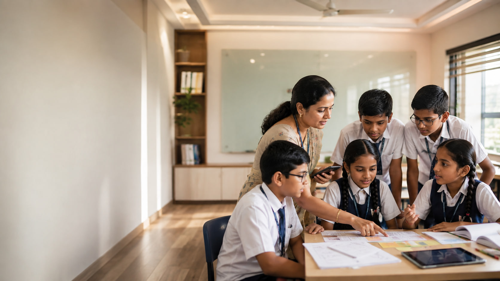 A teacher leaning over a desk with five students, pointing at a worksheet they are working through together.
