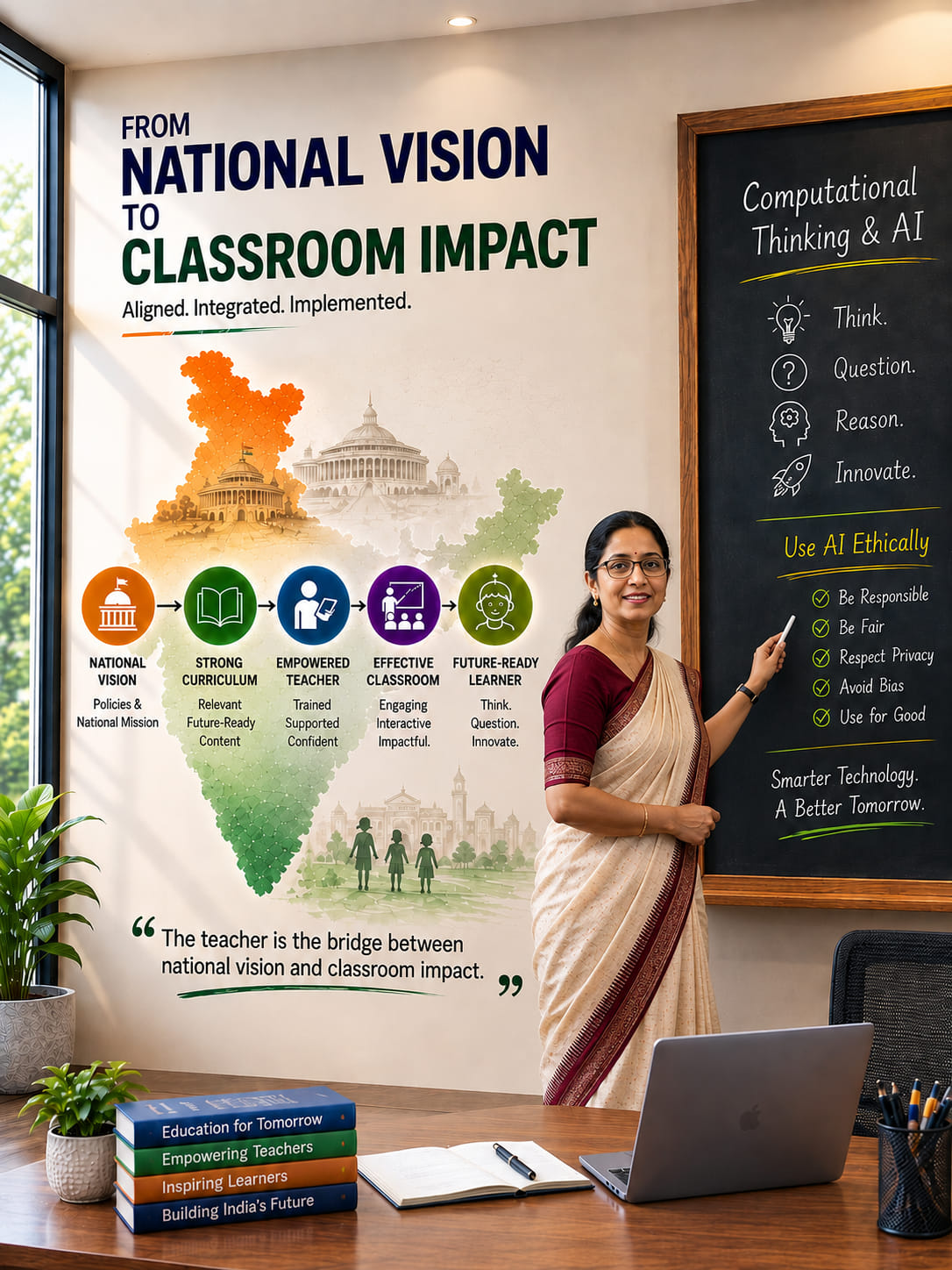 A teacher at a wall chart titled From national vision to classroom impact, tracing the steps from national vision to a future-ready learner, beside a board reading Computational Thinking and AI: think, question, reason, innovate.