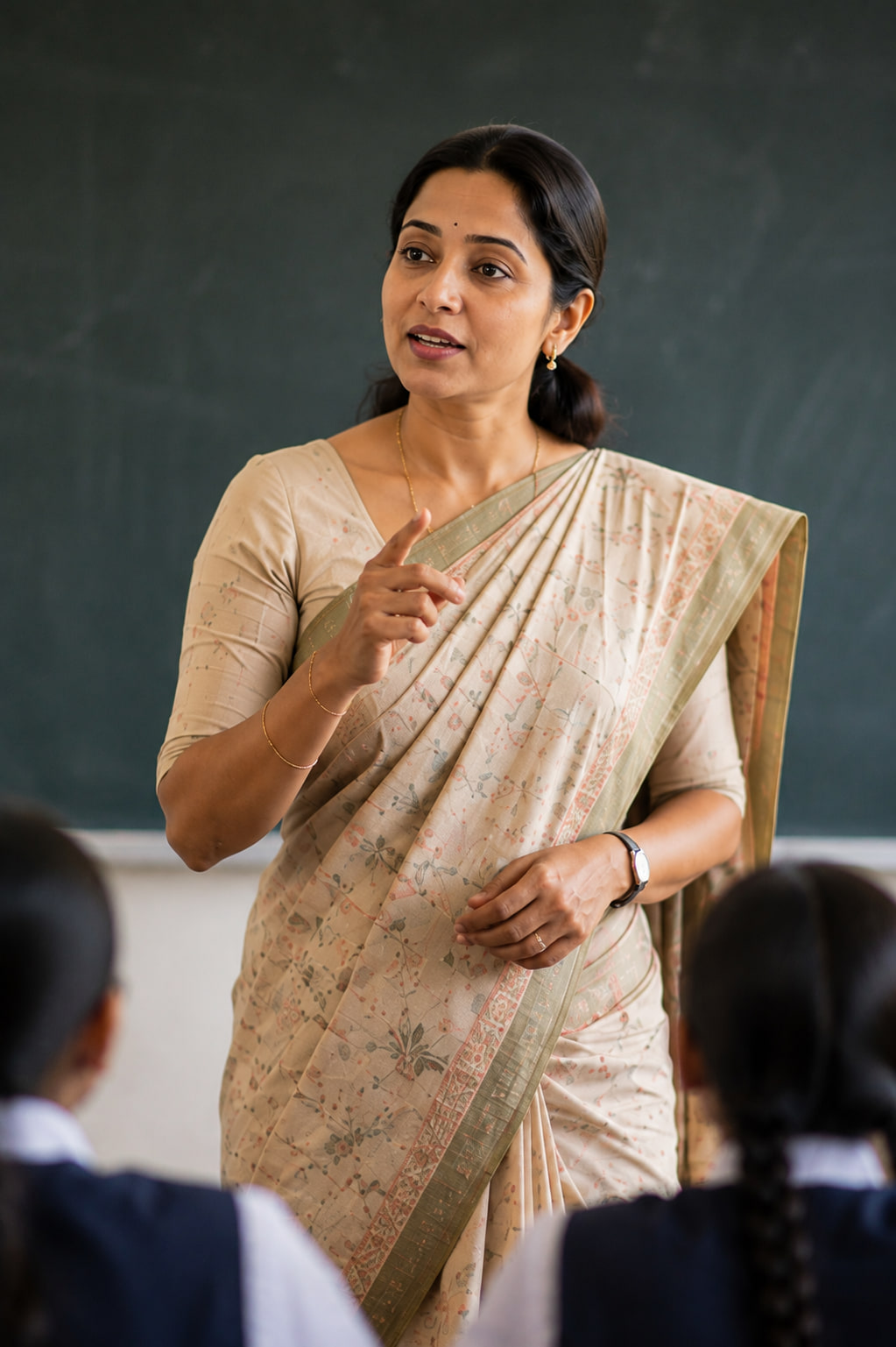 A teacher standing at the blackboard, mid-explanation, with two students in the foreground.